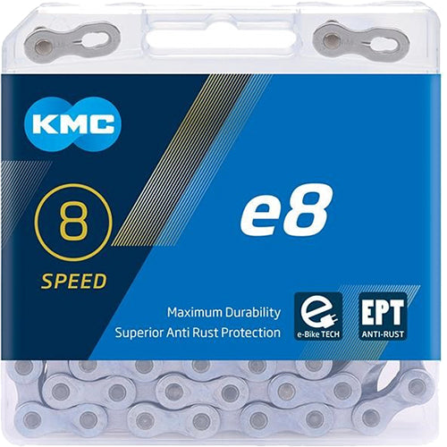 Chaîne KMC E8 EPT 6/7/8 vitesses 122 maillons E-25 argentée